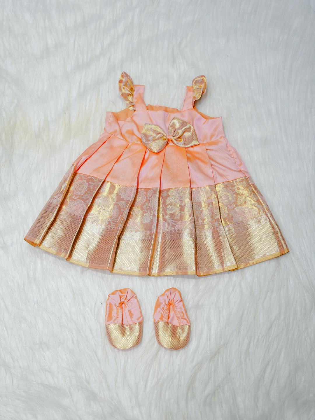 Peach & Gold Brocade Newborn Girl Gown with Booties