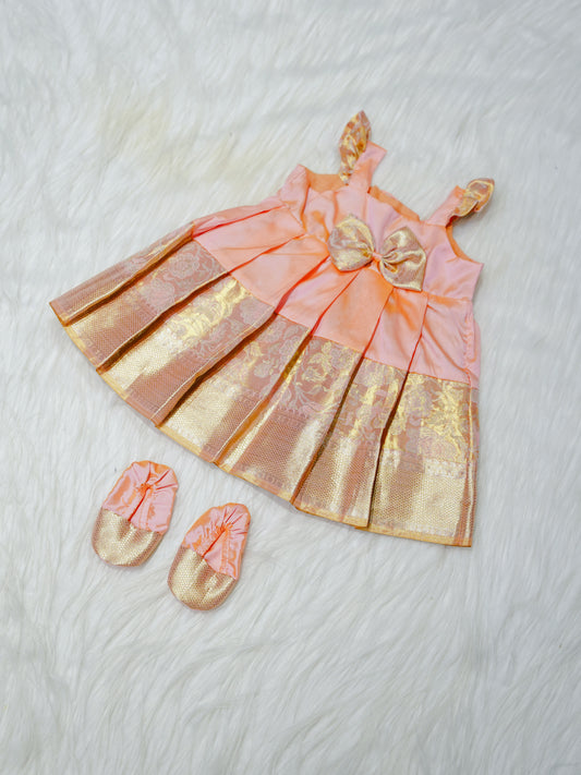Peach & Gold Brocade Newborn Girl Gown with Booties