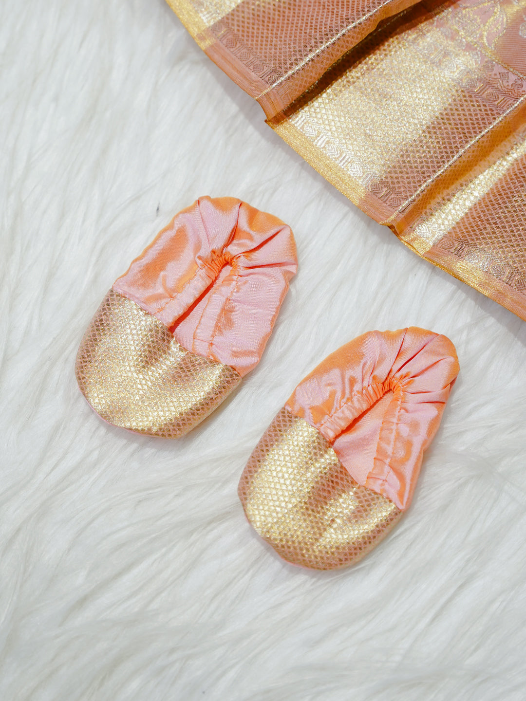 Peach & Gold Brocade Newborn Girl Gown with Booties
