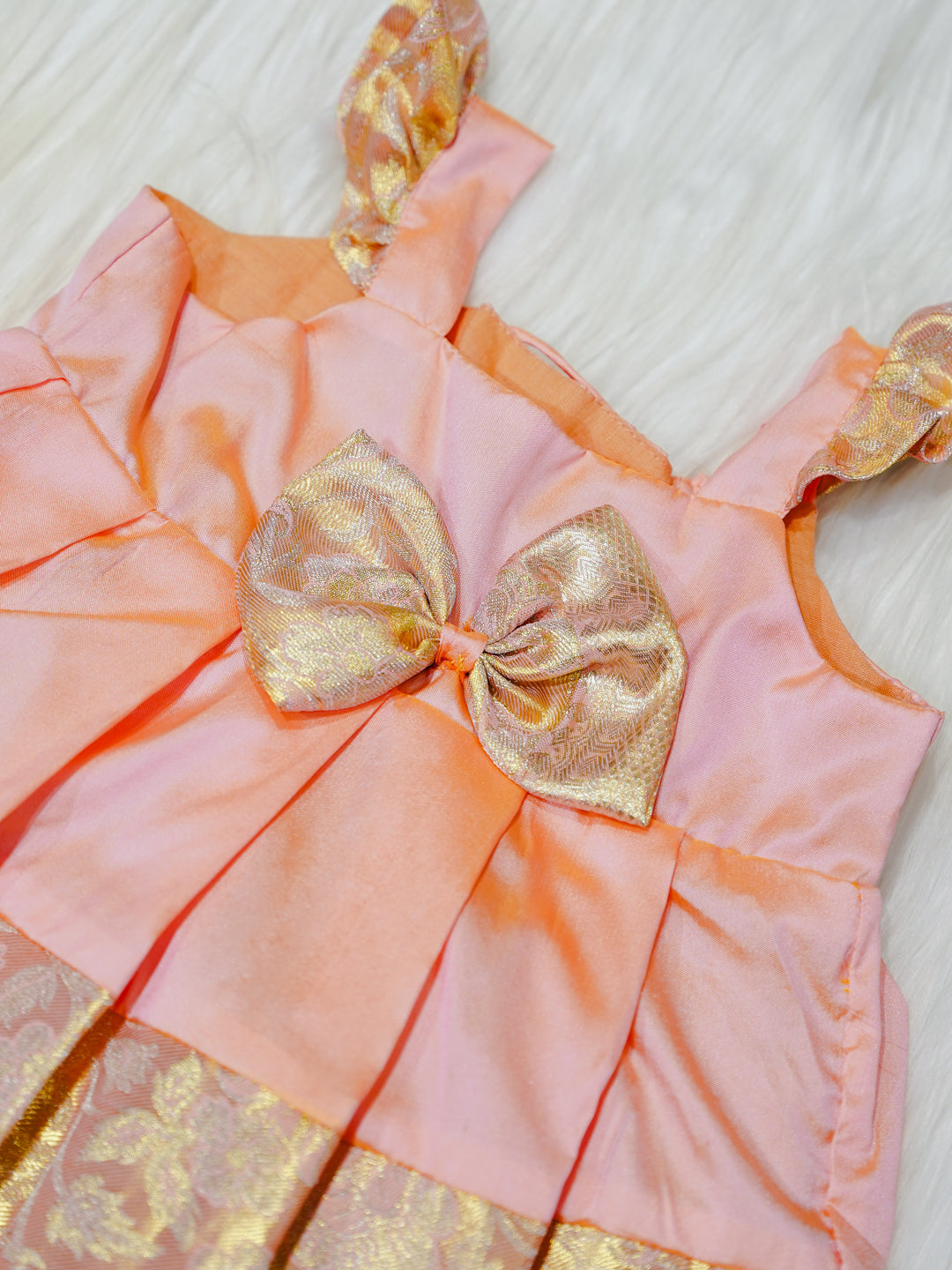 Peach & Gold Brocade Newborn Girl Gown with Booties
