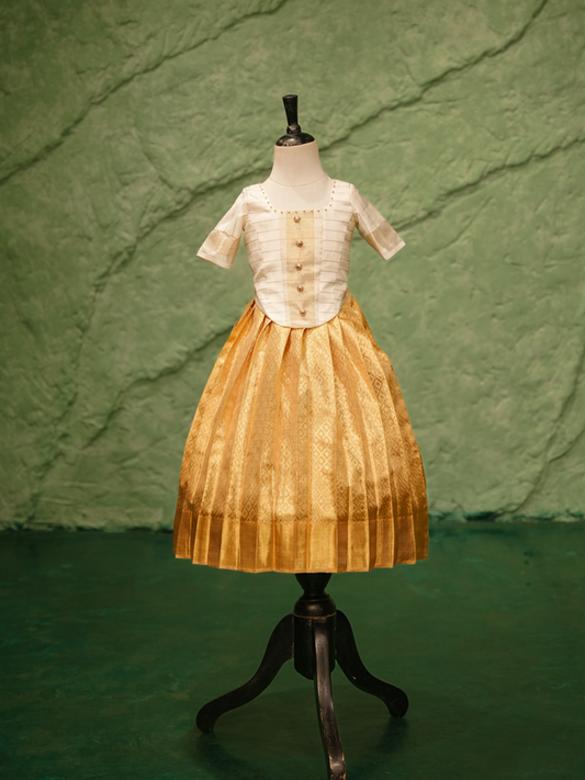 Pure Kanchipuram silk pattu pavadai for girls in ivory blouse and golden zari skirt-1
