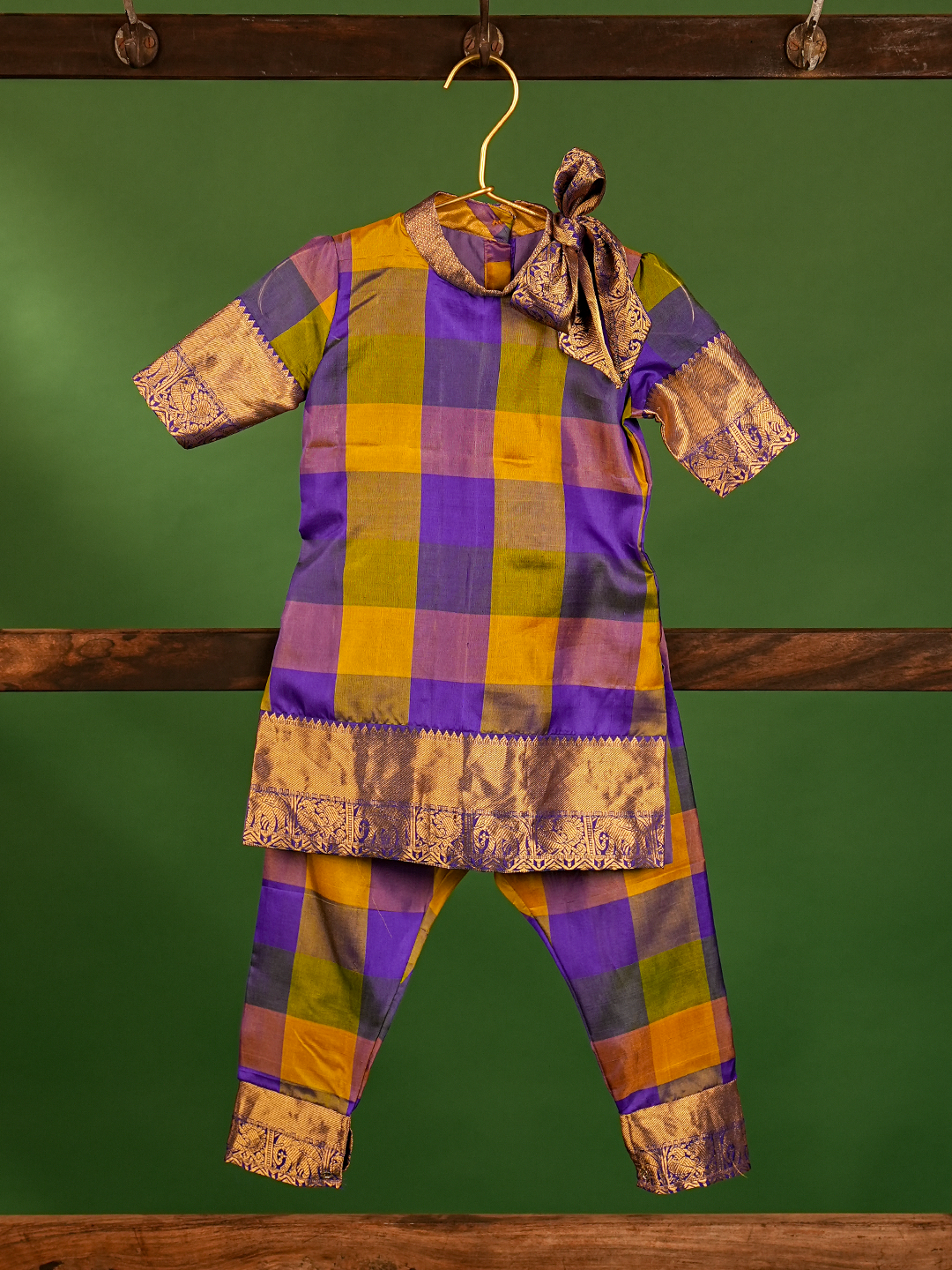 Purple & Mustard Yellow Checked Pure Kanchipuram Silk Kurta Set – Half Sleeves with Bow Detail