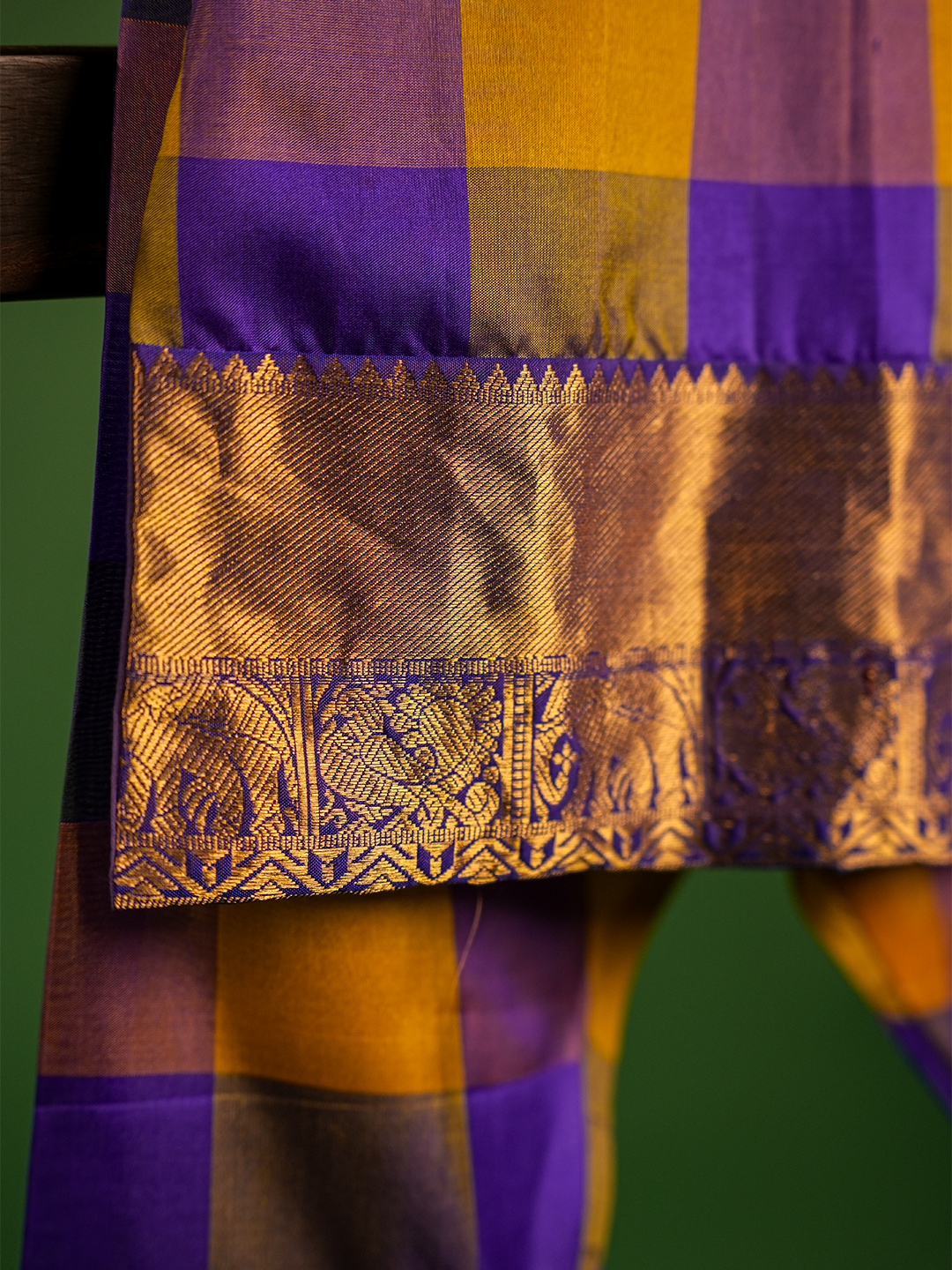 Purple & Mustard Yellow Checked Pure Kanchipuram Silk Kurta Set – Half Sleeves with Bow Detail