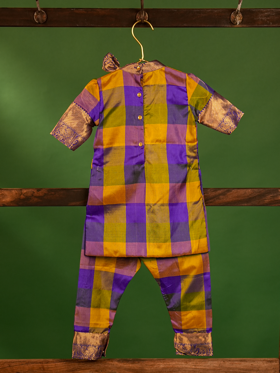 Purple & Mustard Yellow Checked Pure Kanchipuram Silk Kurta Set – Half Sleeves with Bow Detail