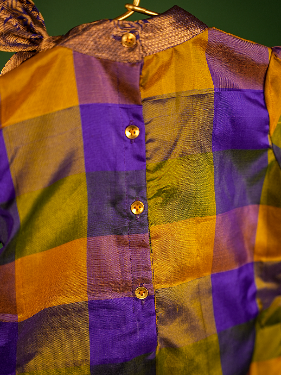 Purple & Mustard Yellow Checked Pure Kanchipuram Silk Kurta Set – Half Sleeves with Bow Detail