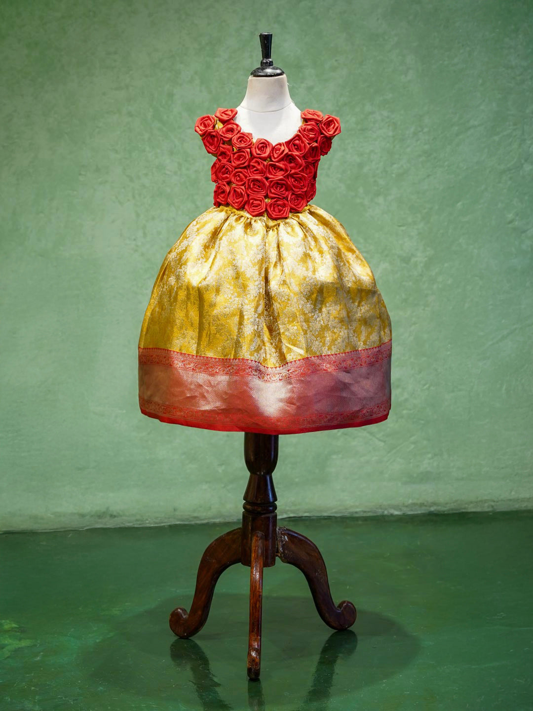 Red Rose & Gold Brocade Silk Gown