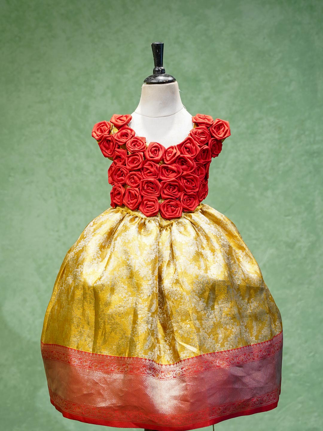 Red Rose & Gold Brocade Silk Gown