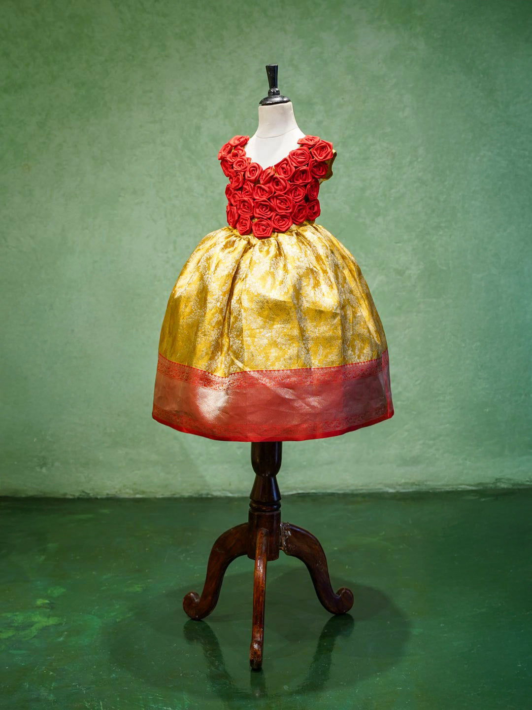 Red Rose & Gold Brocade Silk Gown