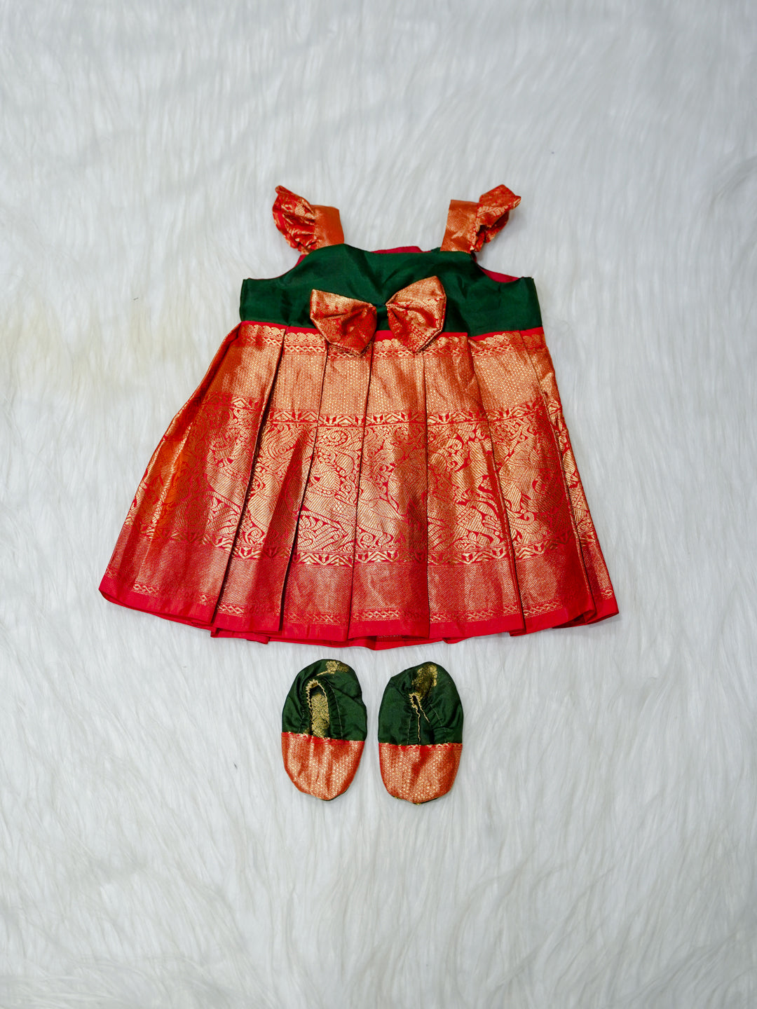 Red & Emerald Brocade Newborn Girl Gown with Booties