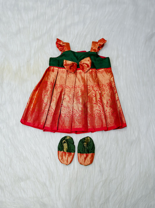 Red & Emerald Brocade Newborn Girl Gown with Booties