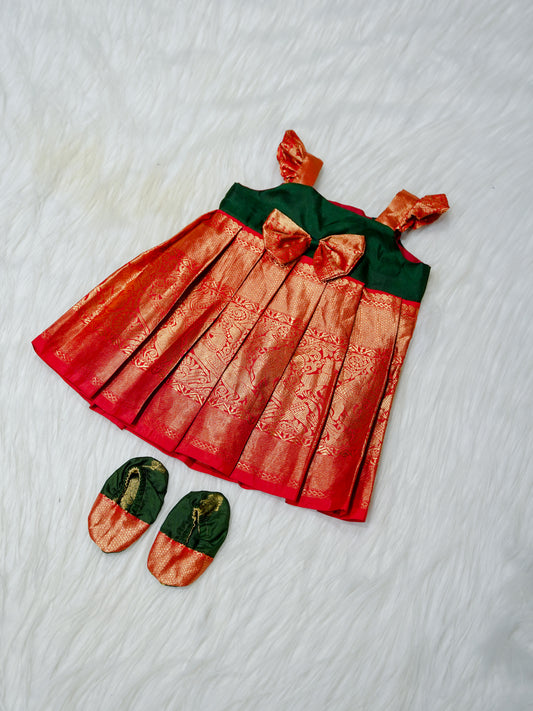 Red & Emerald Brocade Newborn Girl Gown with Booties