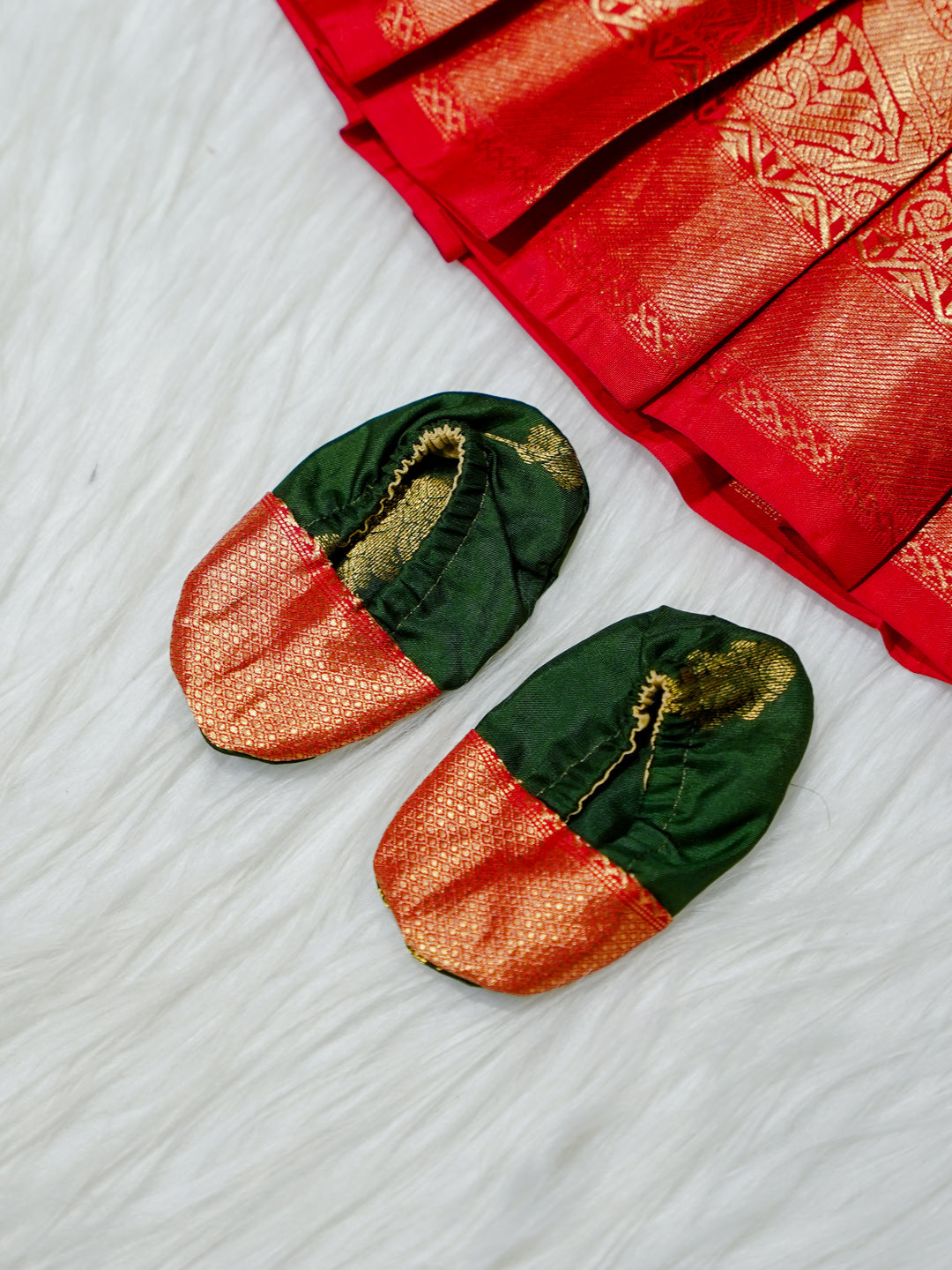 Red & Emerald Brocade Newborn Girl Gown with Booties