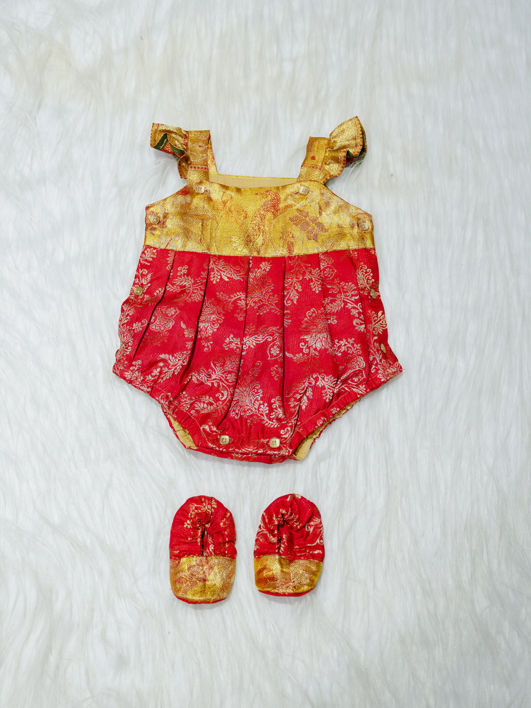 Red & Gold Brocade Newborn Girl Bubble Romper with Booties