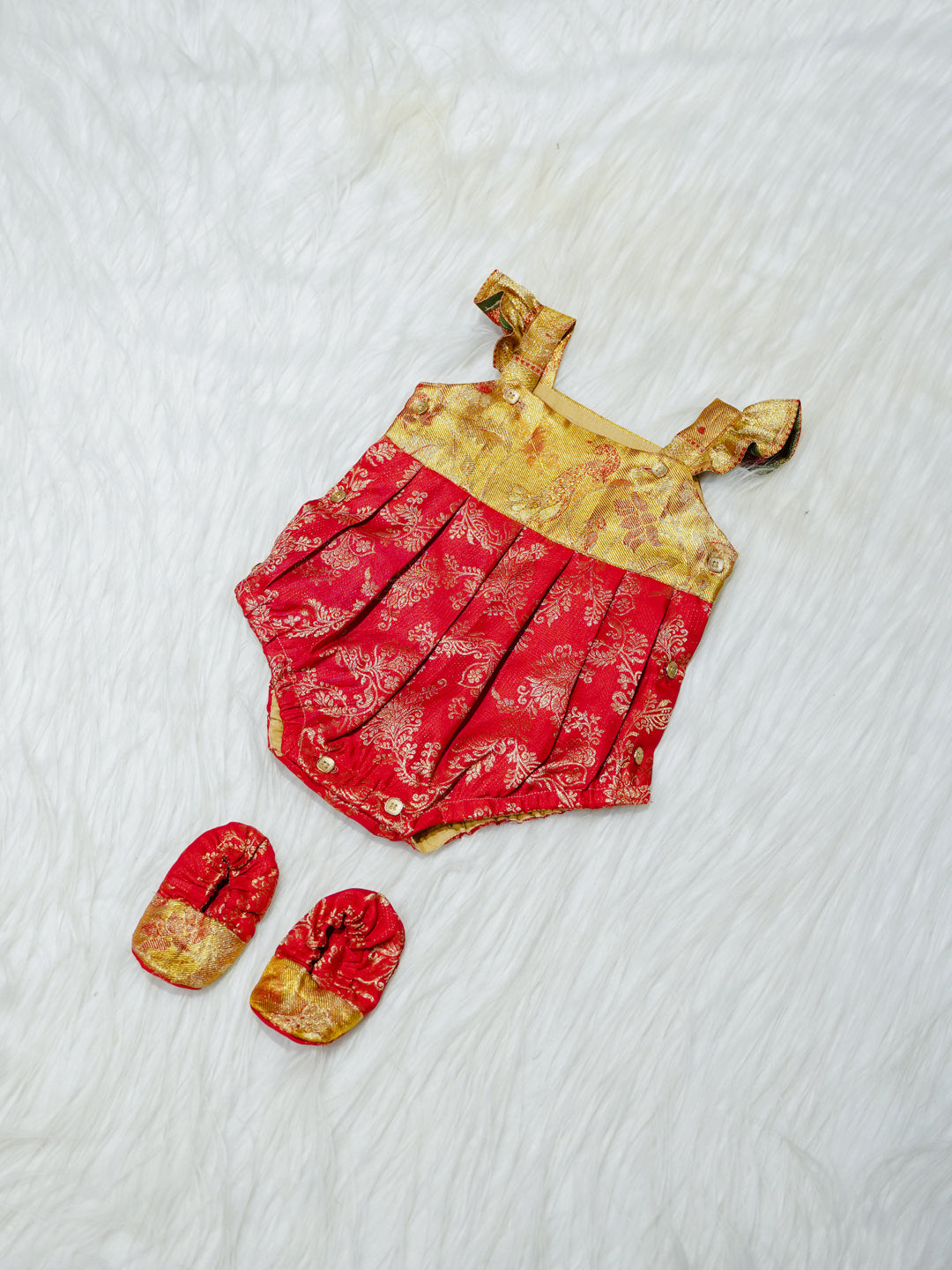 Red & Gold Brocade Newborn Girl Bubble Romper with Booties