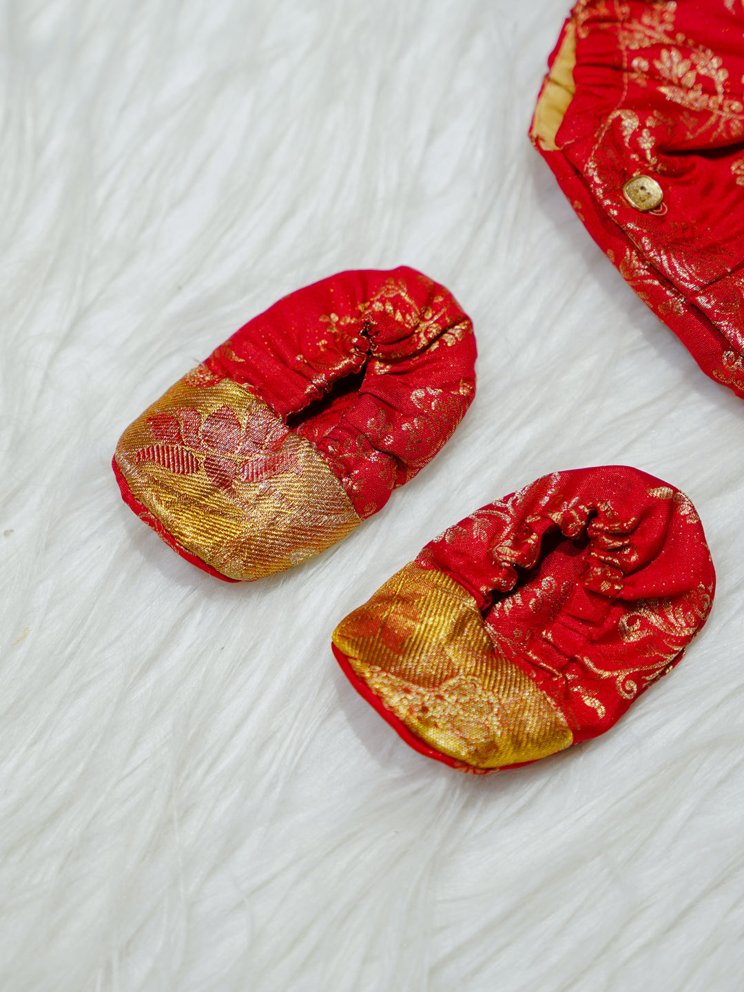 Red & Gold Brocade Newborn Girl Bubble Romper with Booties
