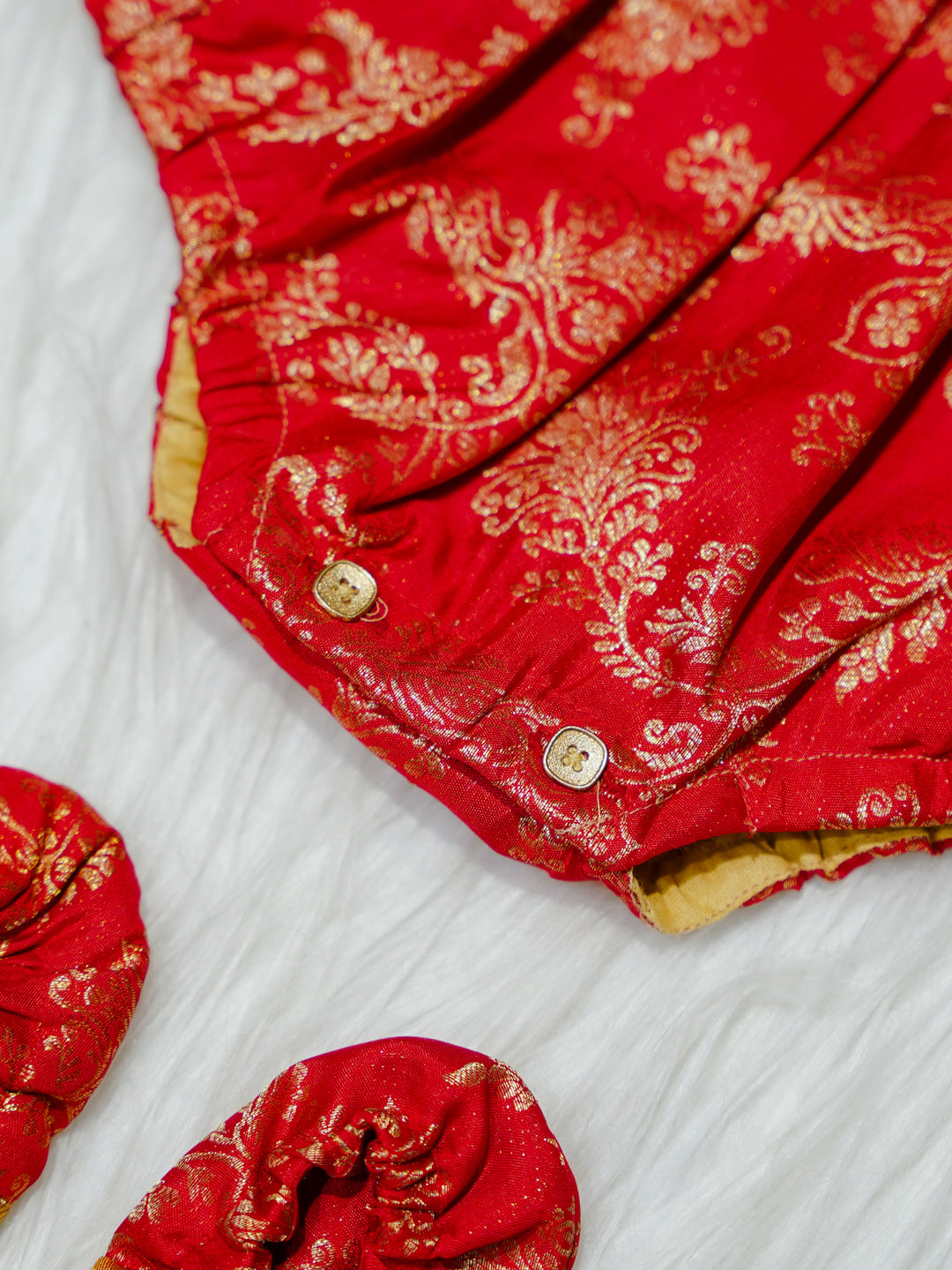 Red & Gold Brocade Newborn Girl Bubble Romper with Booties