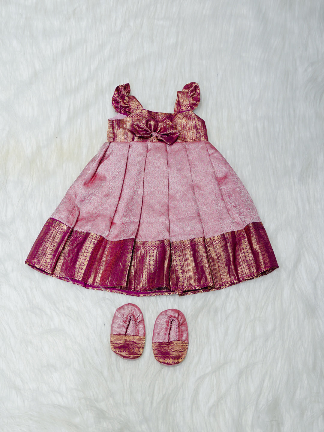 Rose Pink & Maroon Brocade Newborn Girl Gown with Booties