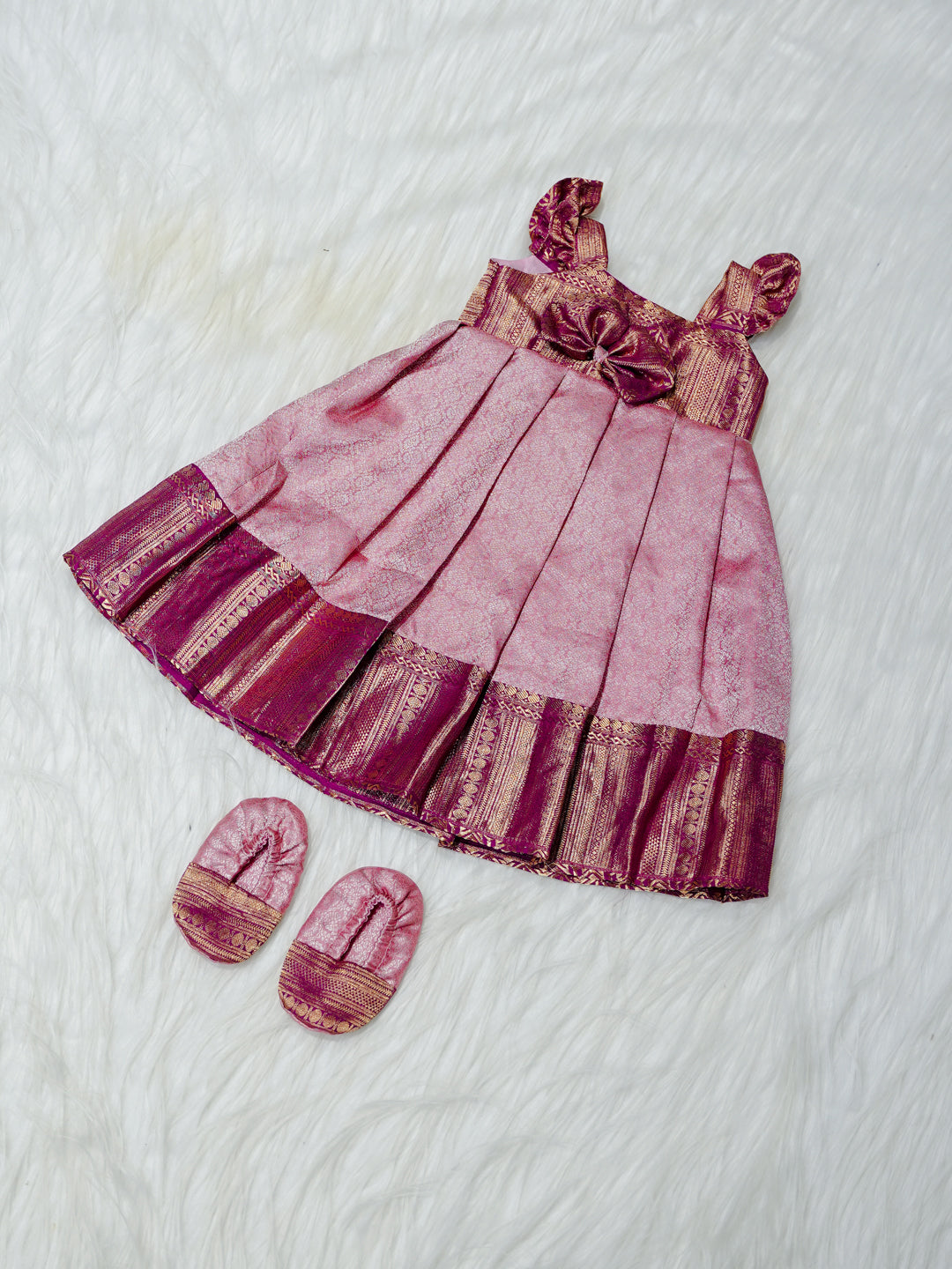 Rose Pink & Maroon Brocade Newborn Girl Gown with Booties