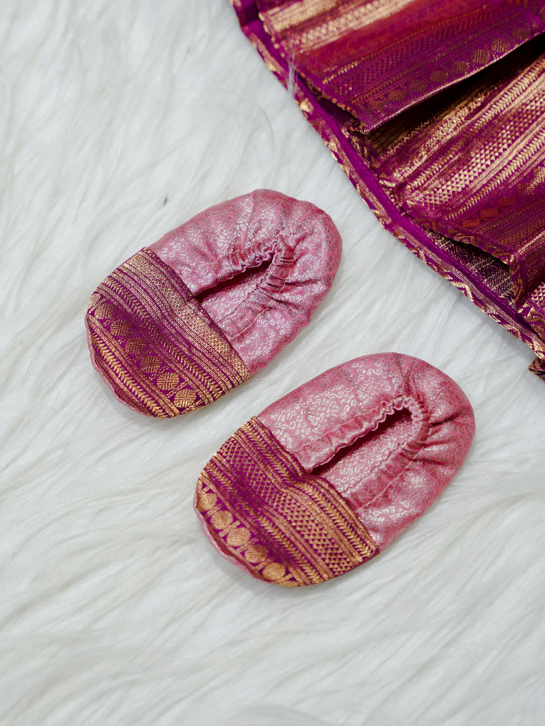 Rose Pink & Maroon Brocade Newborn Girl Gown with Booties