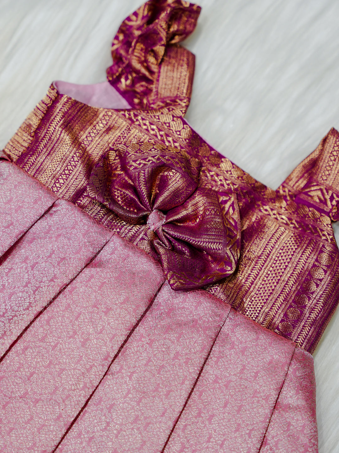 Rose Pink & Maroon Brocade Newborn Girl Gown with Booties