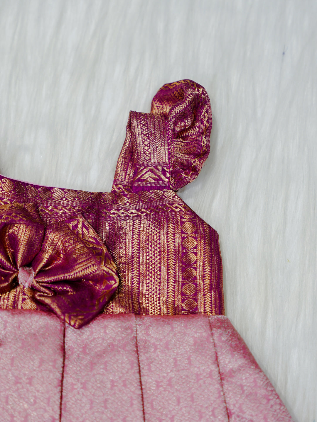 Rose Pink & Maroon Brocade Newborn Girl Gown with Booties