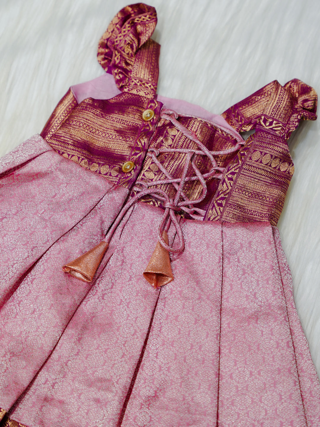 Rose Pink & Maroon Brocade Newborn Girl Gown with Booties