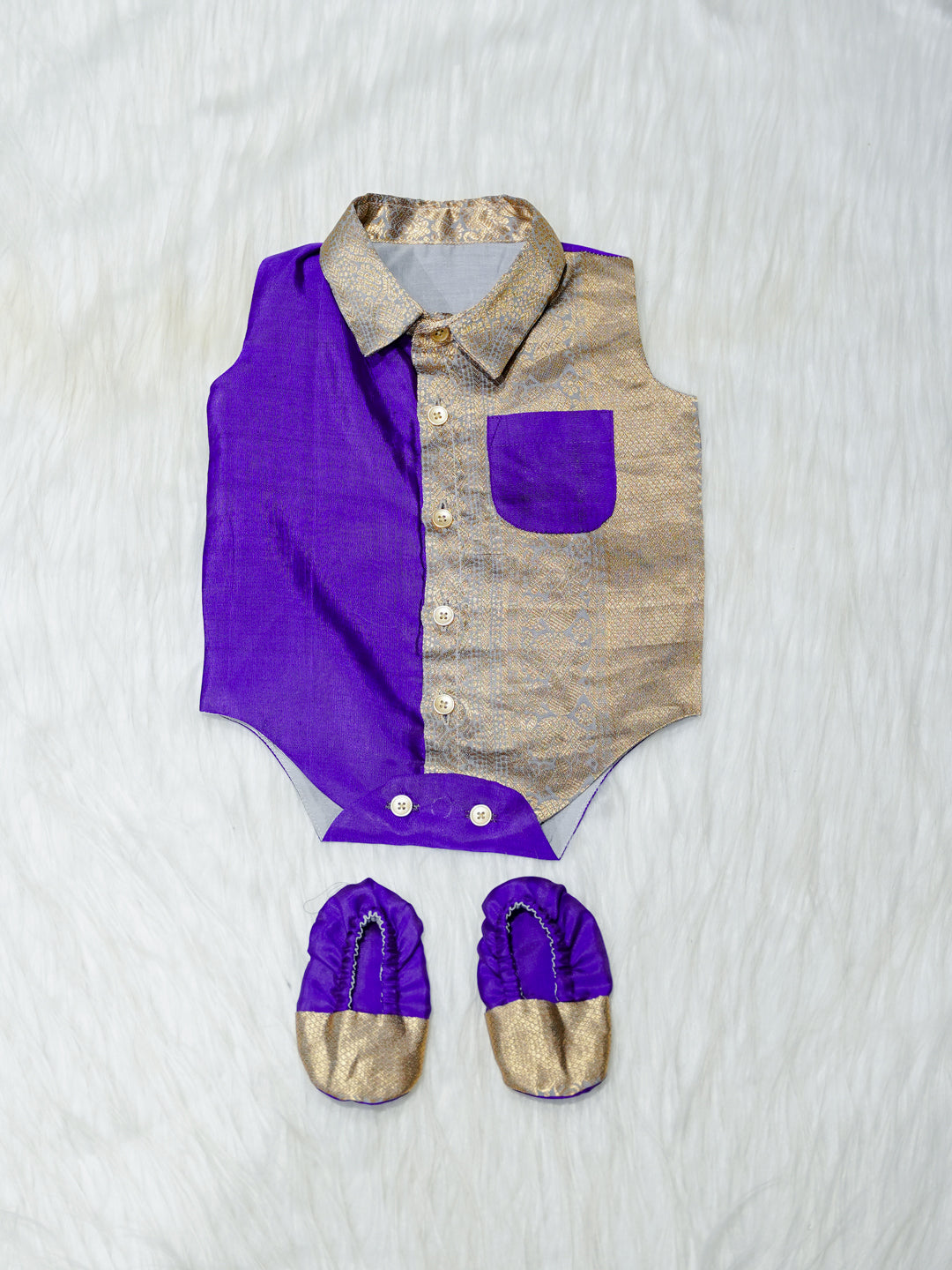 Royal Purple & Gold Brocade Newborn Boy Romper with Booties