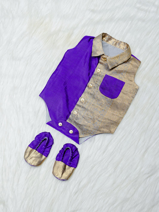 Royal Purple & Gold Brocade Newborn Boy Romper with Booties
