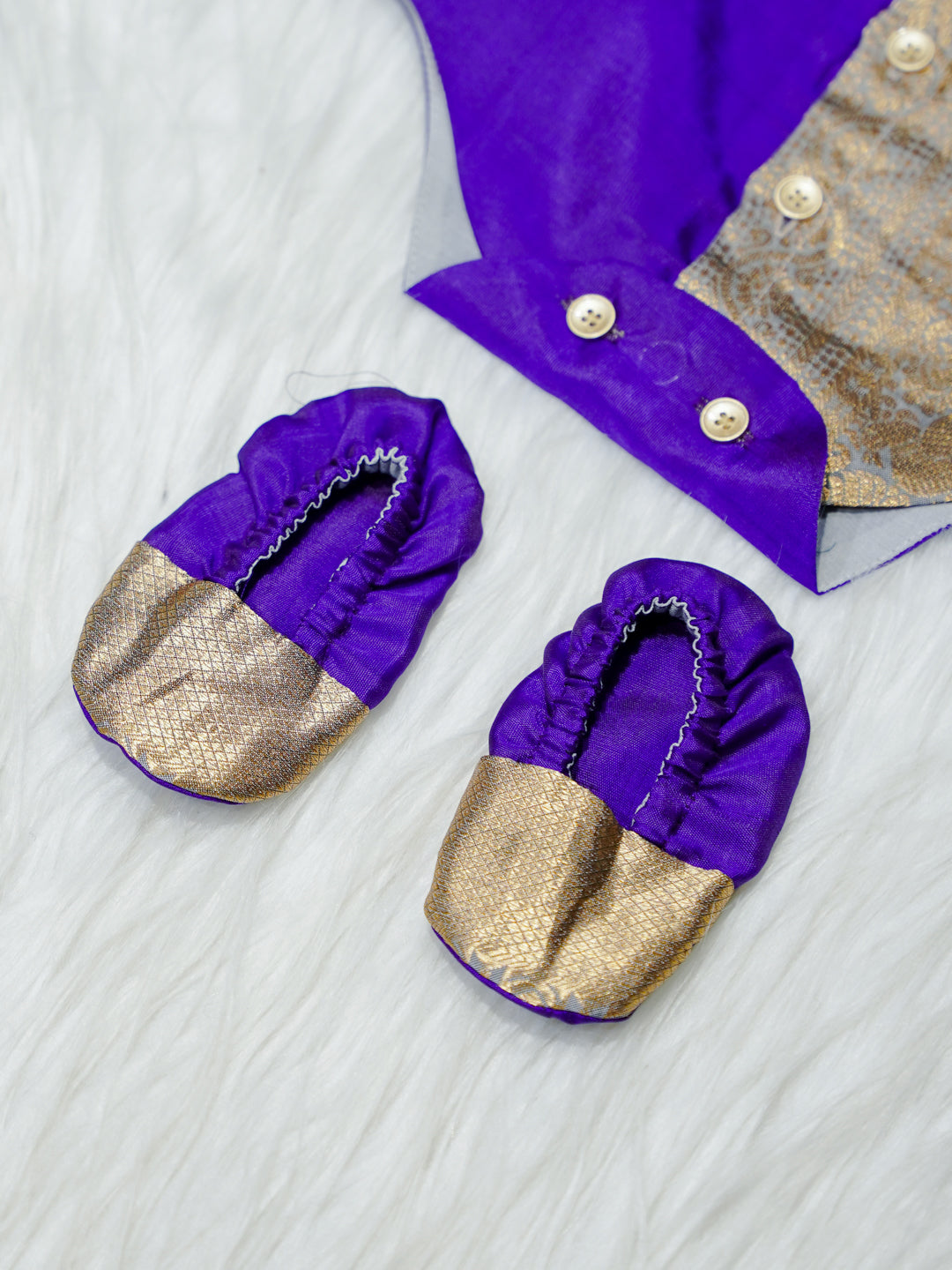 Royal Purple & Gold Brocade Newborn Boy Romper with Booties