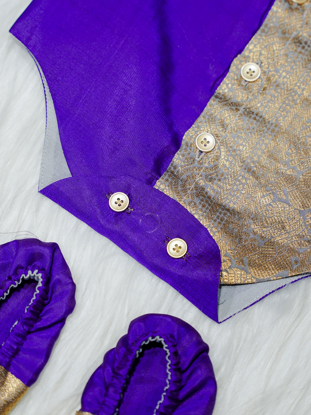 Royal Purple & Gold Brocade Newborn Boy Romper with Booties