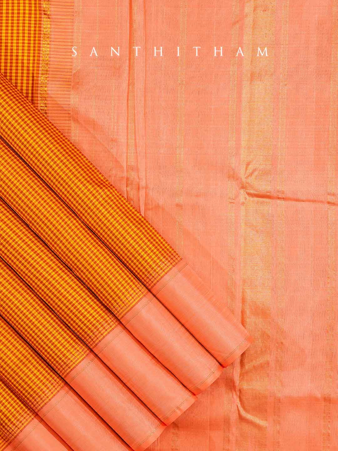 Peach and Multi-coloured Checks Silk Saree