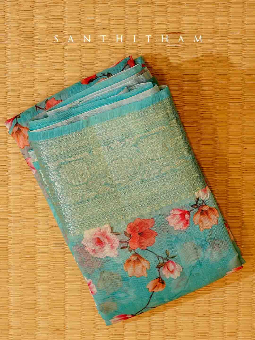 Alice Blue Floral Print Cotton Saree