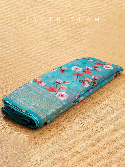 Alice Blue Floral Print Cotton Saree