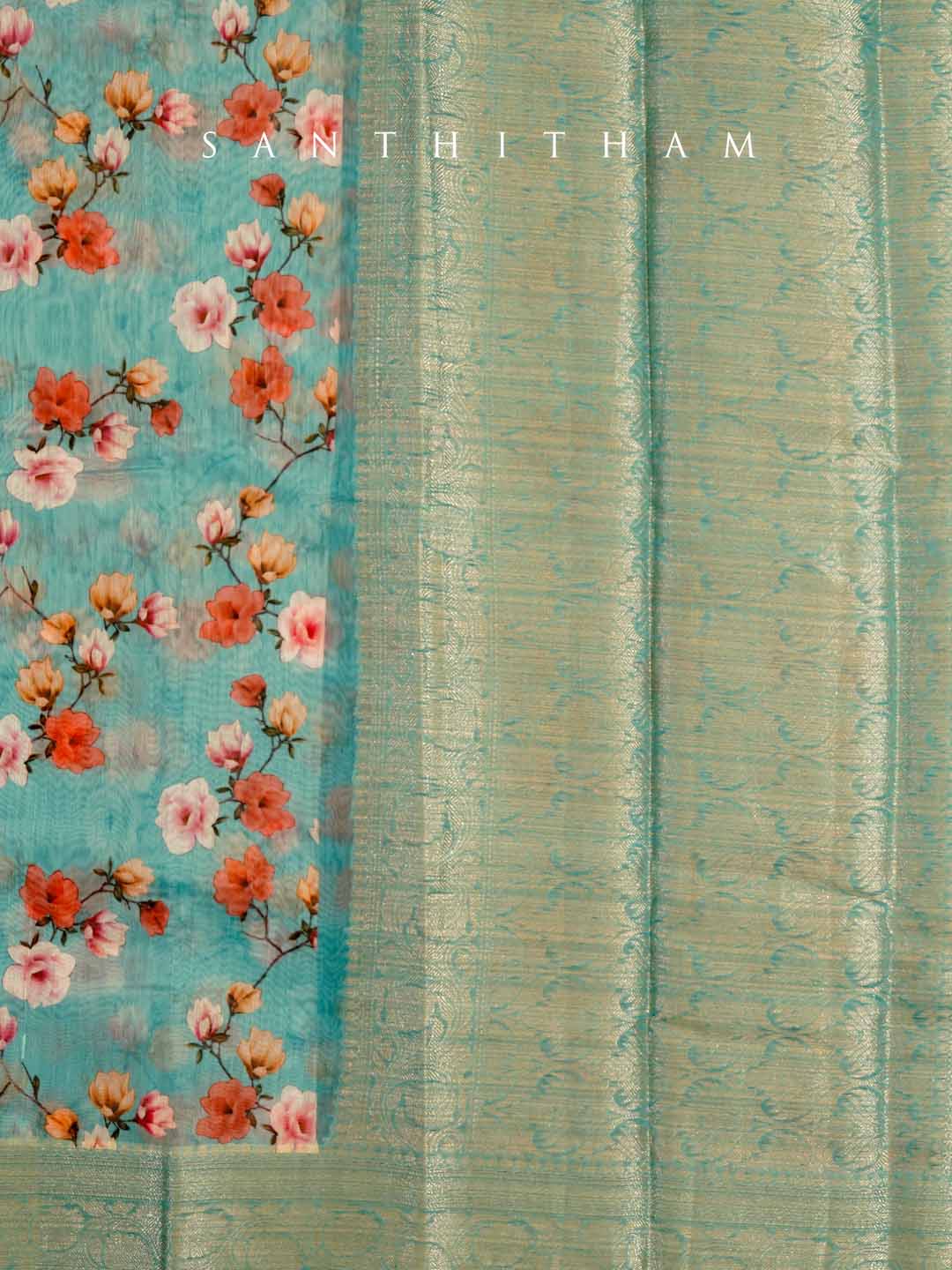 Alice Blue Floral Print Cotton Saree