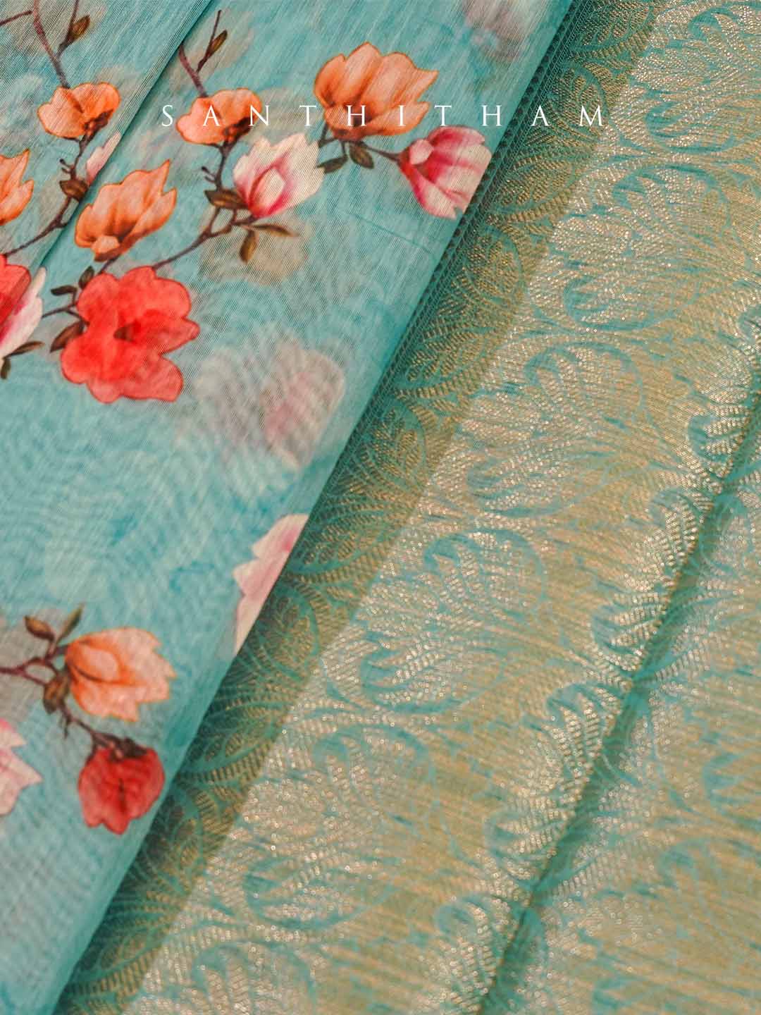 Alice Blue Floral Print Cotton Saree