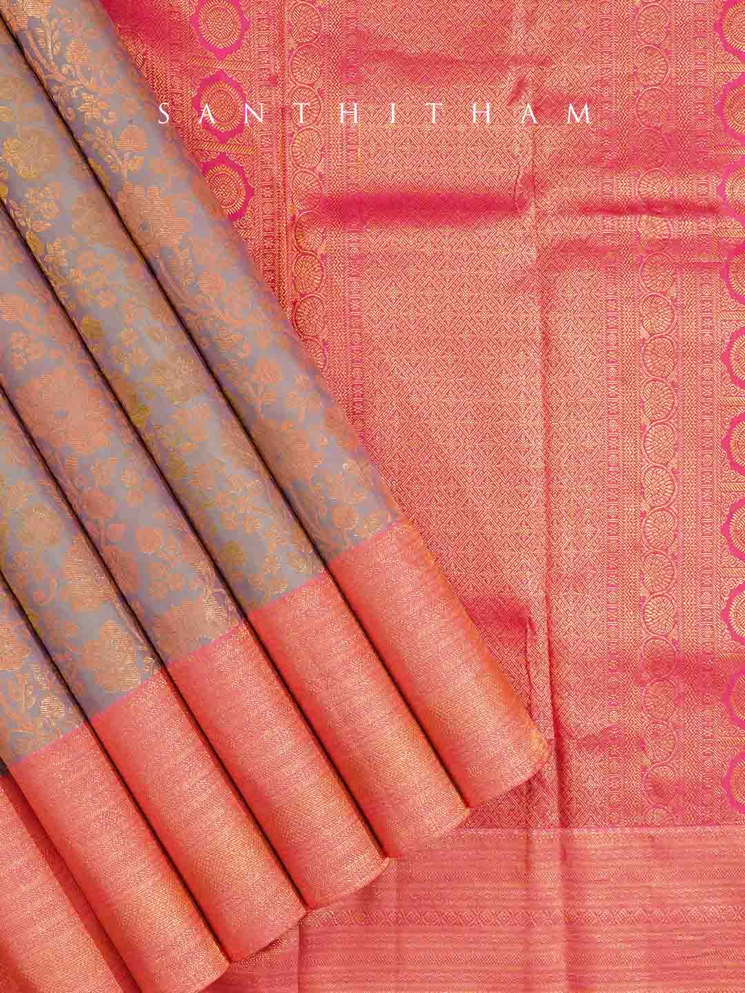 Light Grey and Peach Silk Saree