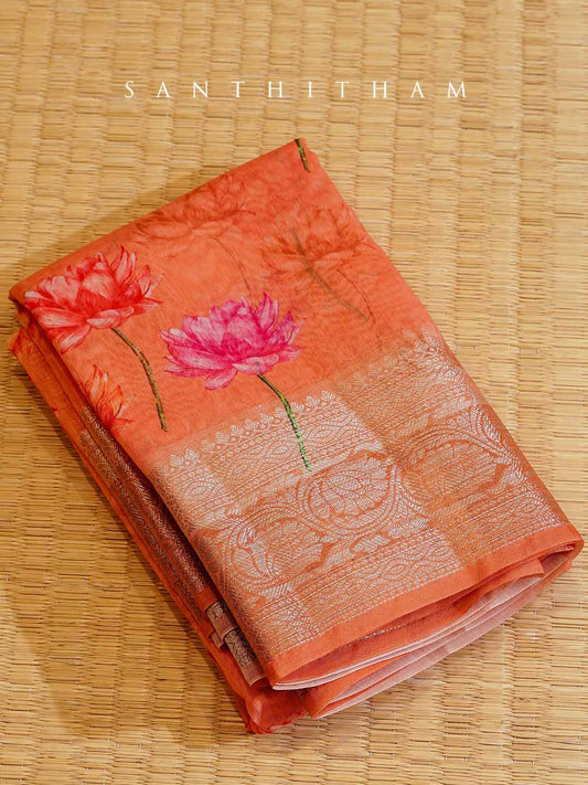 Burnt Orange Floral Print Cotton Saree