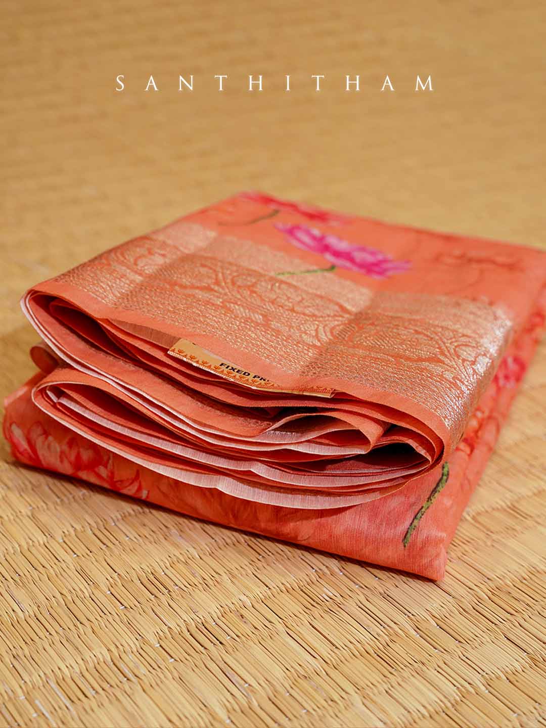 Burnt Orange Floral Print Cotton Saree