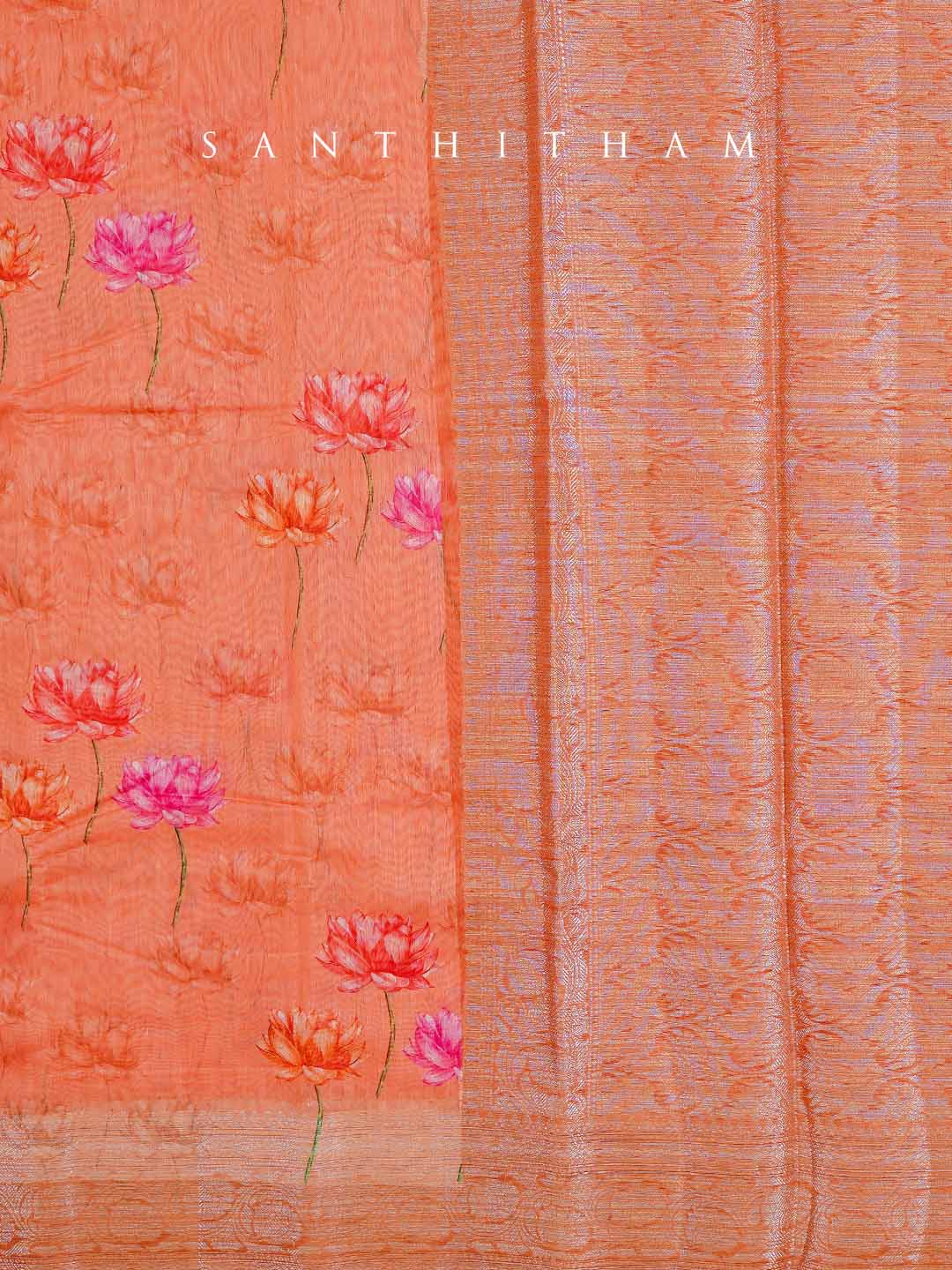 Burnt Orange Floral Print Cotton Saree