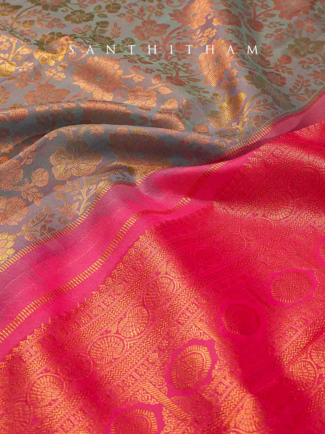 Light Grey and Peach Silk Saree