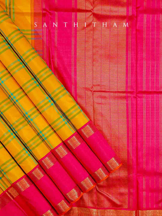 Raspberry and Multi-coloured checks Silk Saree