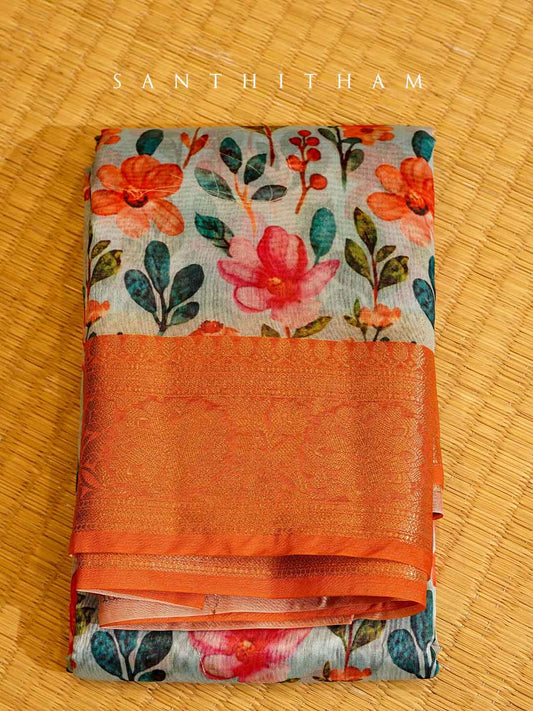 Powder Blue and Tangerine Orange Floral Print Cotton Saree