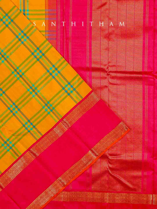 Raspberry and Multi-coloured checks Silk Saree