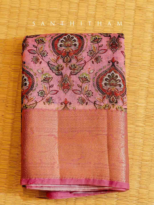 Rose Pink Floral Print Cotton Saree