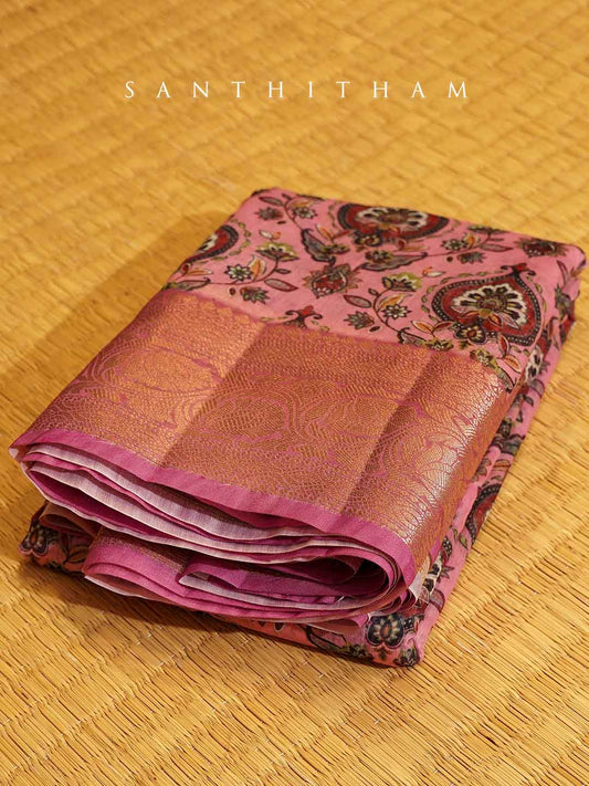 Rose Pink Floral Print Cotton Saree