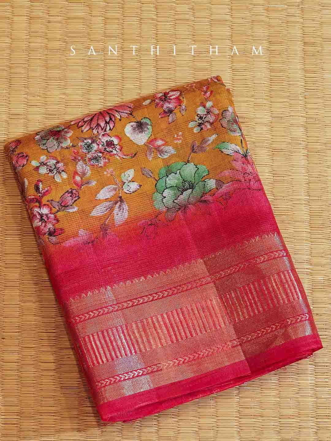 Tangerine Orange and Raspberry Red Floral Print cotton Saree