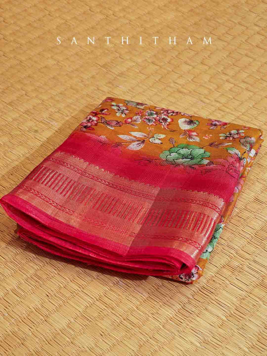 Tangerine Orange and Raspberry Red Floral Print cotton Saree