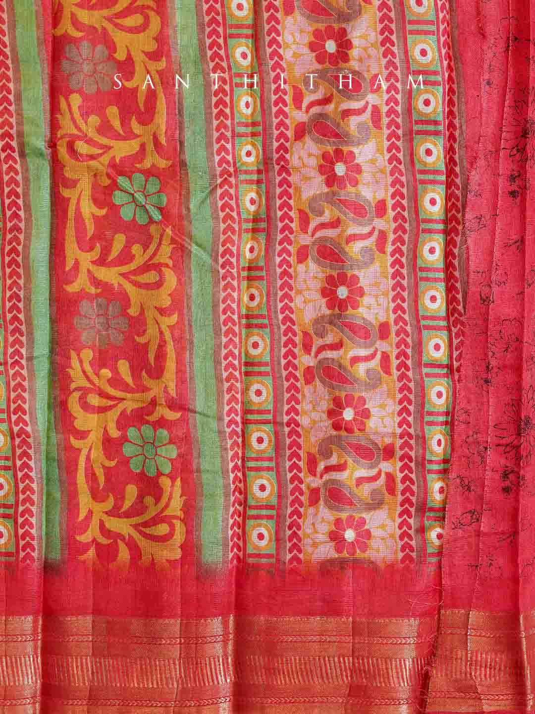 Tangerine Orange and Raspberry Red Floral Print cotton Saree