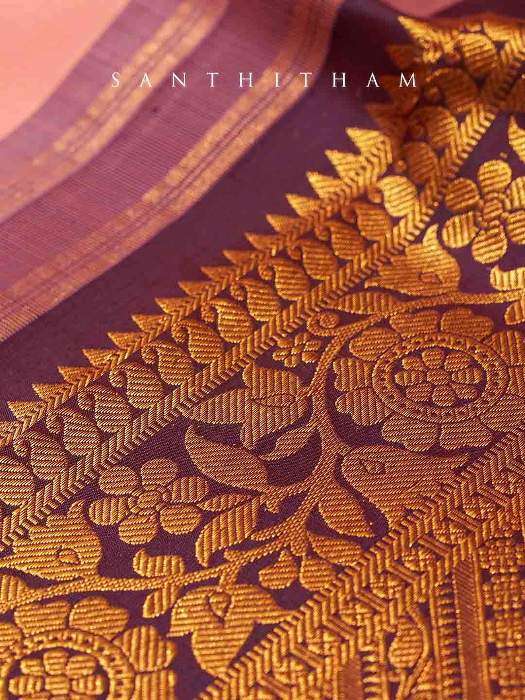 Peach and Chocolate Brown Silk Saree