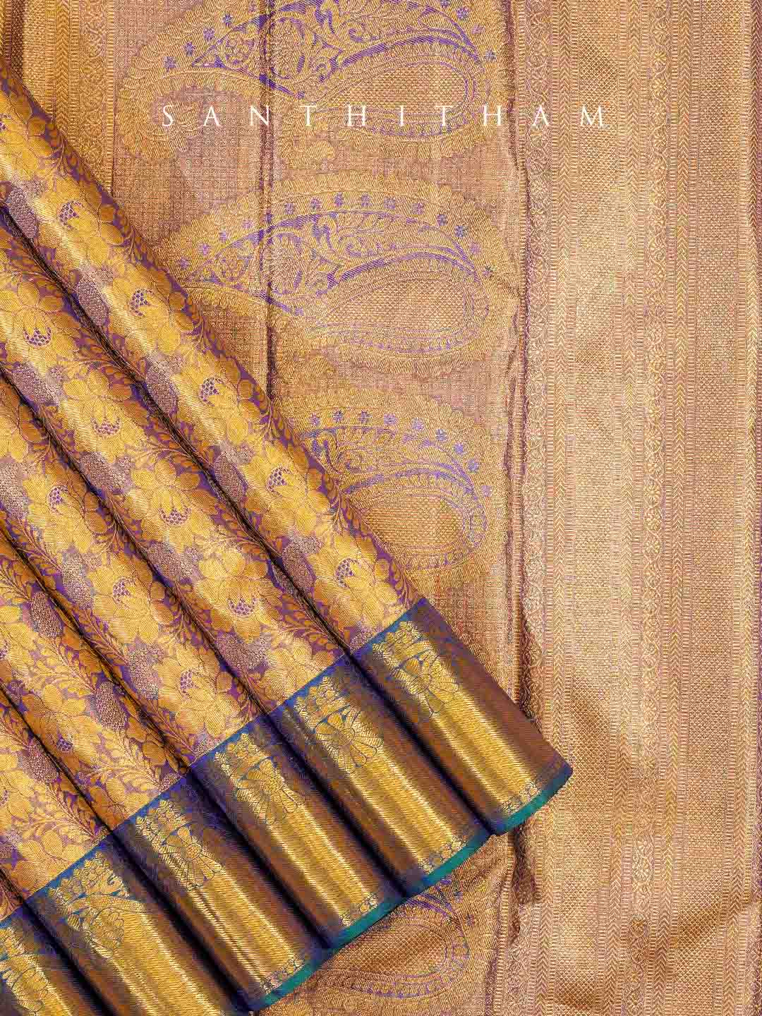 Exquisite Gold and Lilac Silk Saree